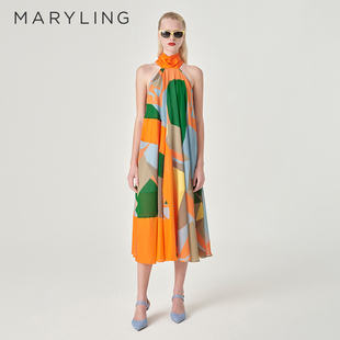 挂脖印花连衣裙A1ECW61010 MARYLING玛俪琳24夏新品 剪贴艺画