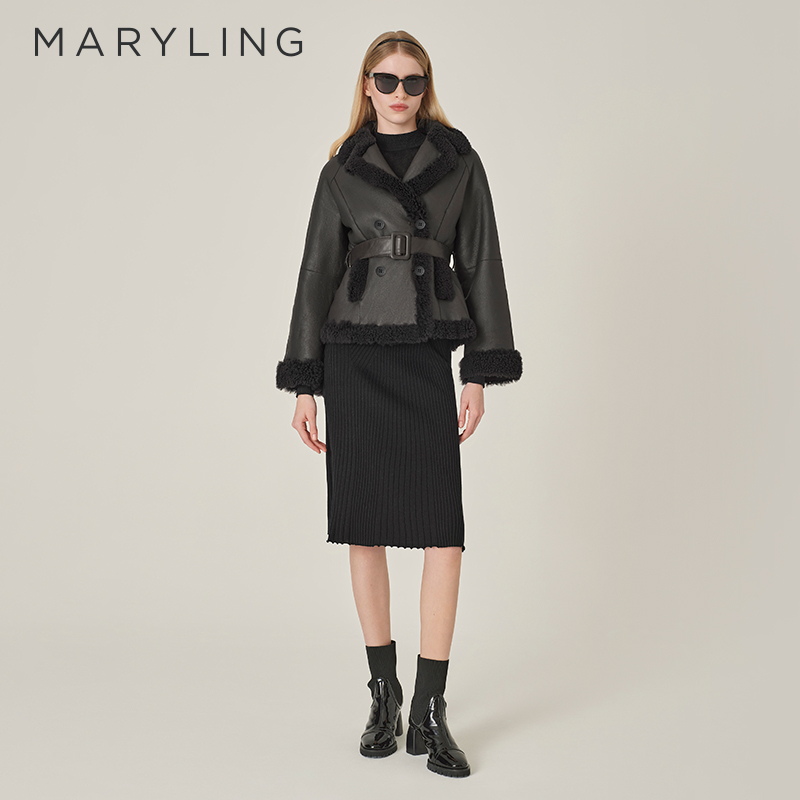 MARYLING翻领收腰皮毛一体外套