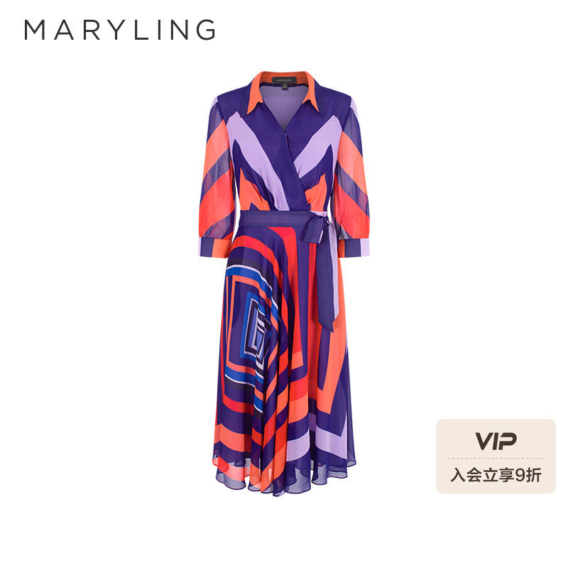 MARYLING玛俪琳2025夏季新品粉紫不规则条纹系带连衣裙A