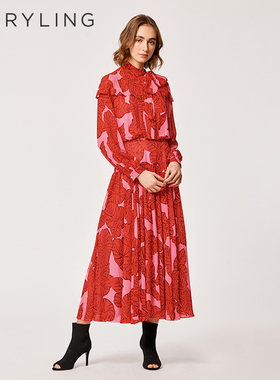 【迷情拓印】MARYLING玛俪琳春季新品粉橘印花连衣裙A1BA65180