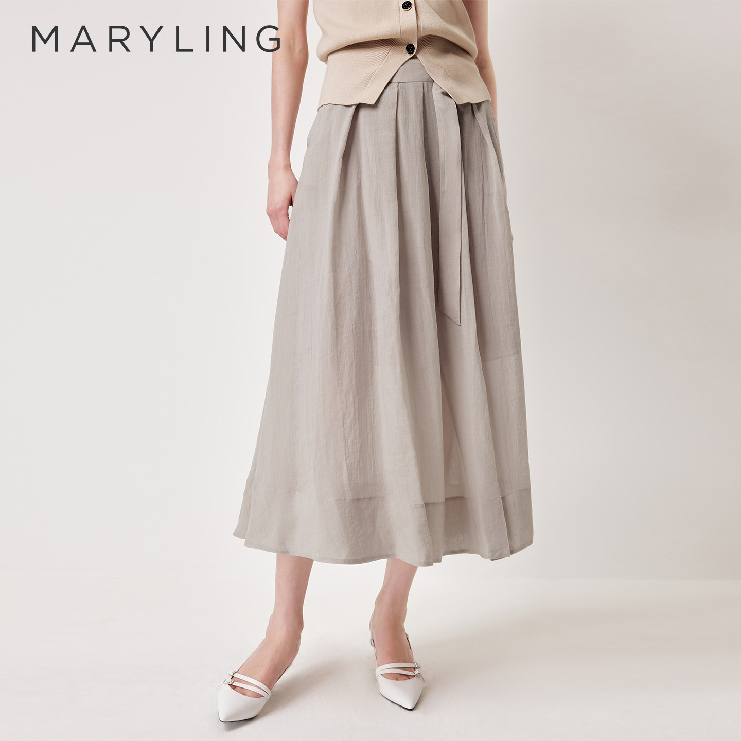 MARYLING玛俪琳2026春季新品亚麻色薄纱透视宽褶半身裙A1GBW72400