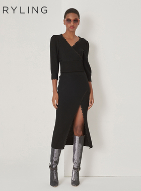 MARYLING玛俪琳秋季新品针织拼蕾丝边侧开叉羊毛半裙A1DGW05650