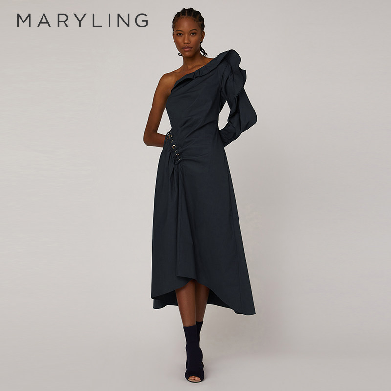 MARYLING玛俪琳夏季深蓝色单肩荷叶边金属扣连衣裙A1CBW