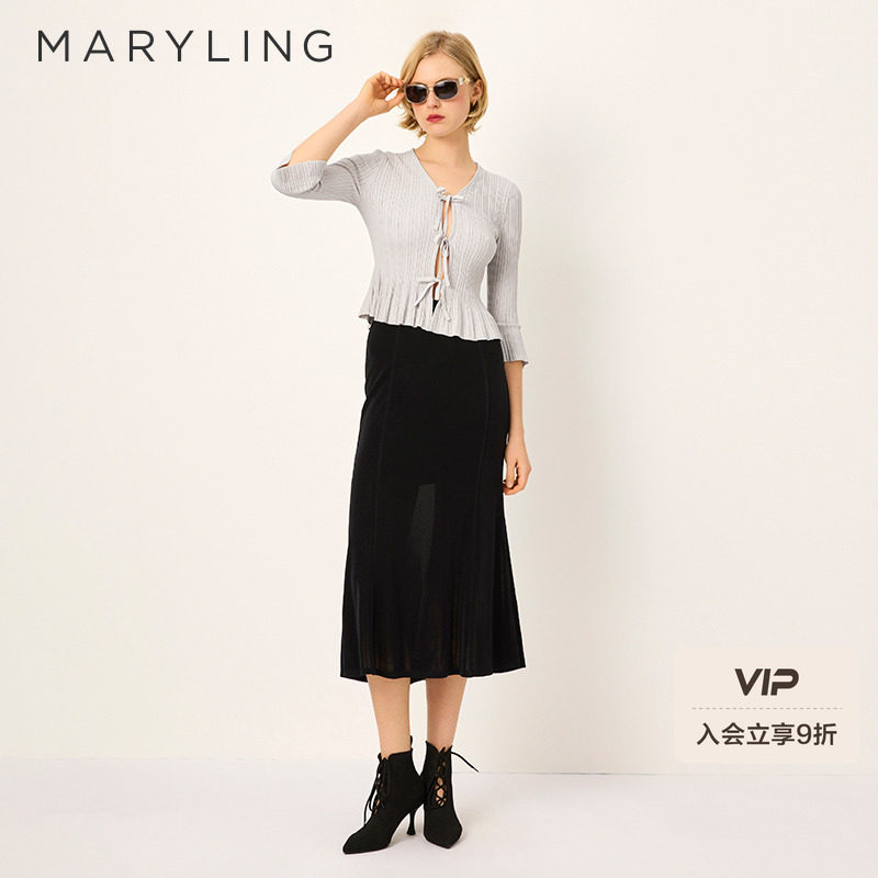 MARYLING玛俪琳2025春夏V领系带杏色竖螺纹针织开衫A1