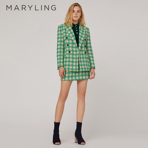 MARYLING复古绿格纹高腰半身裙