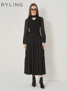 MARYLING玛俪琳新品黑色蝴蝶结领针织上衣A1DIW26600