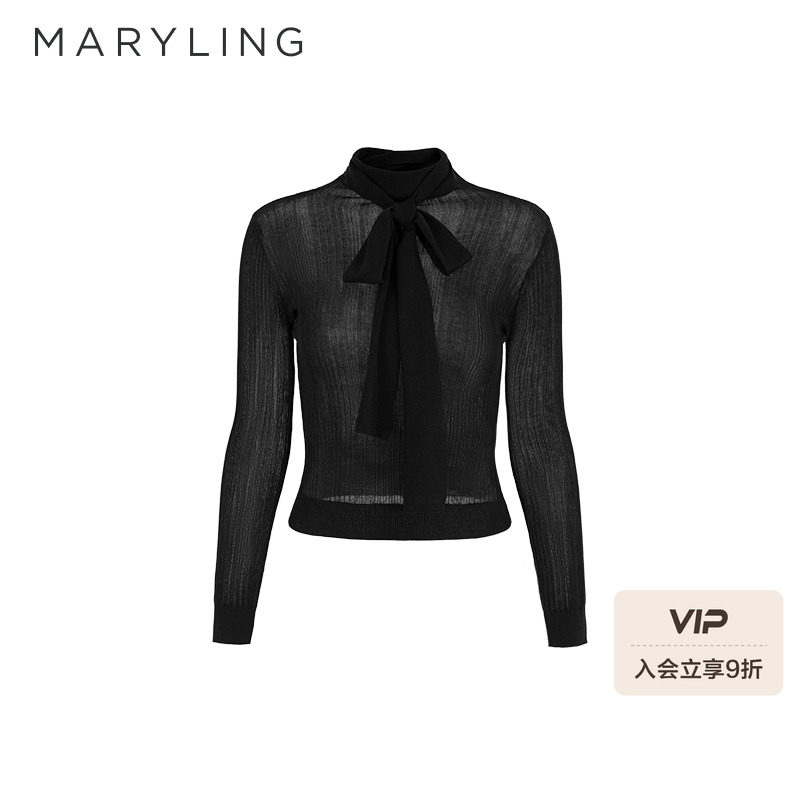MARYLING玛俪琳2025初春新品黑色高领系带针织套头衫A1