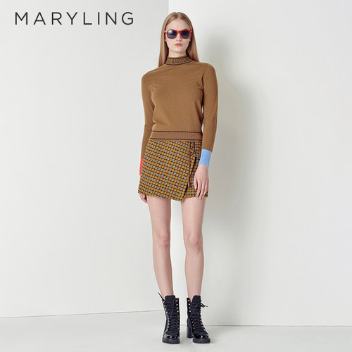 MARYLING驼色格纹迷你小A裙