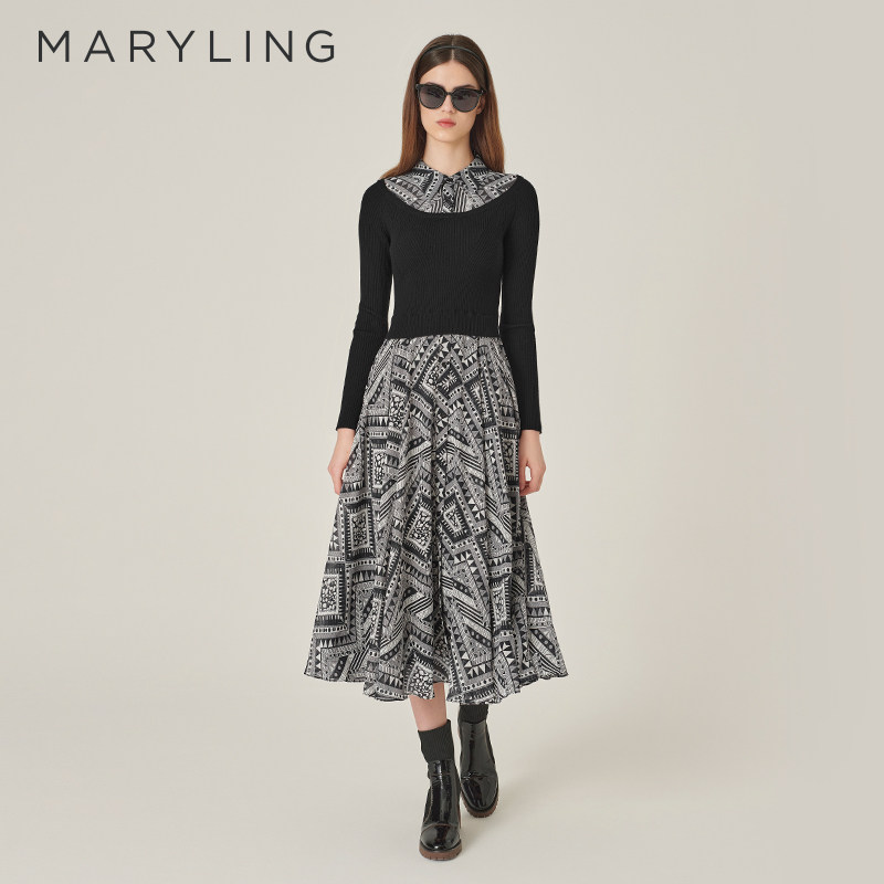 【艺术冰雕】MARYLING玛俪琳秋新品针梭印花连衣裙A1EGW