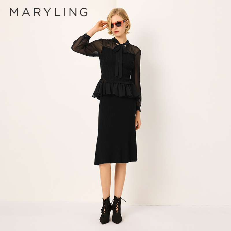 MARYLING黑色小立领针梭上衣