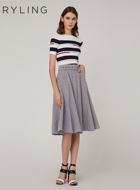 MARYLING玛俪琳夏季高级灰色条纹配腰带A摆半裙A1CCW72310