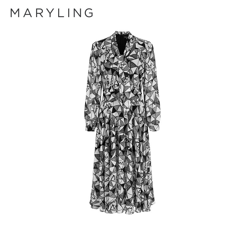 MARYLING玛俪琳24春新品【仿古玻璃】蝴蝶结印花连衣裙A1EAW61210