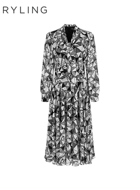 MARYLING玛俪琳24春新品【仿古玻璃】蝴蝶结印花连衣裙A1EAW61210