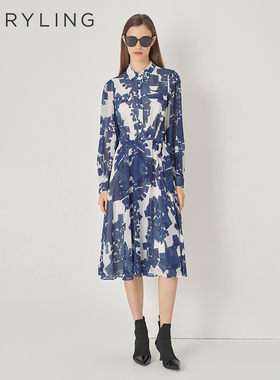 MARYLING玛俪琳初秋新品蓝白砂砾衬衫式印花连衣裙A1DFW61540