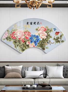 扇形富贵牡丹图挂画新客厅招财大气装饰画玄关扇型墙壁画