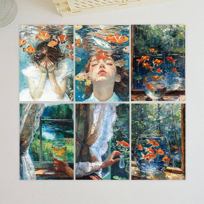 20张油画里的金鱼墙贴高颜值卡通治愈梦幻海报可爱动物装饰卡片