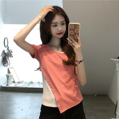 實拍夏季韓版時尚女裝設計感小眾假兩件開叉高腰短款上衣女