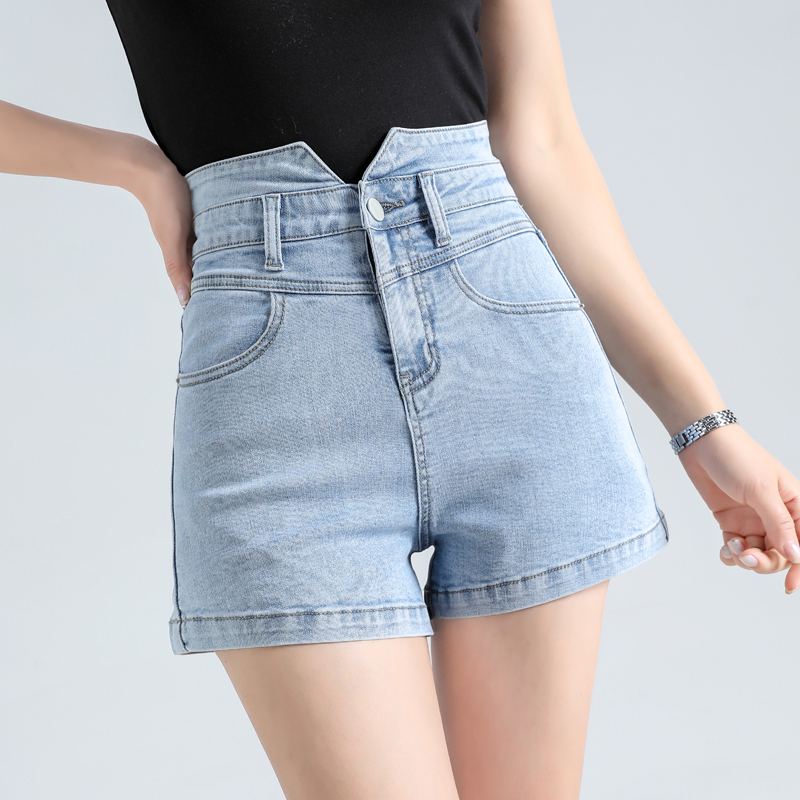 Real photo of Harajuku style high waist jeans women's new slim light color slim spring and autumn tight shorts in 2021