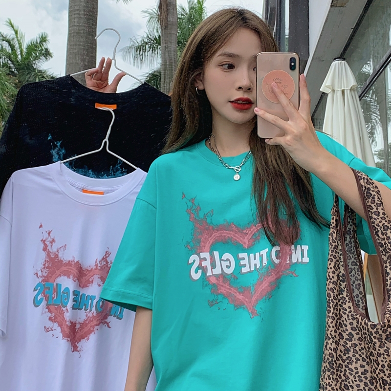 Real shot of Harajuku style short sleeve women's summer Korean fashion medium and long student's versatile loose round neck top