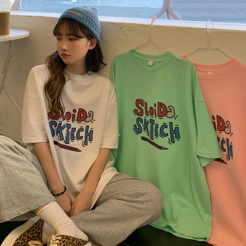 Real shooting college style short sleeve female spring Korean fashion loose t-shirt female students' versatile top trend