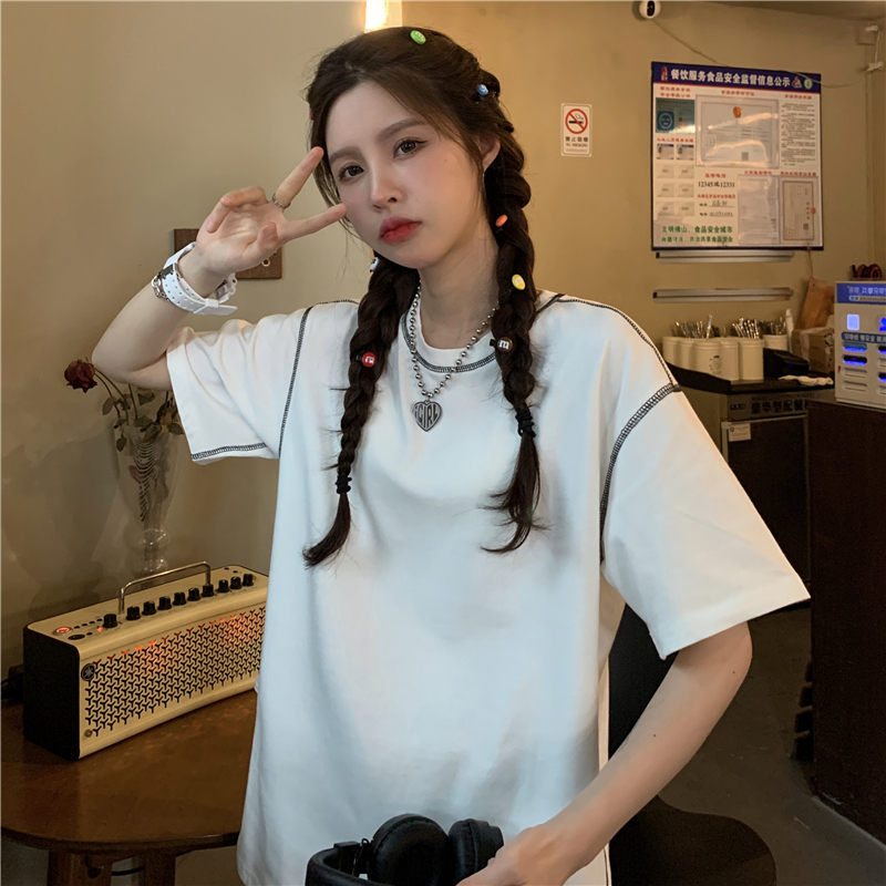 Real shot 2021 summer Korean fashion simple casual basic open line short sleeve T-shirt women's loose top