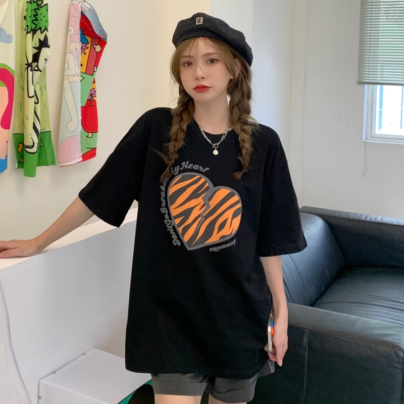 Real shot of Harajuku style short sleeve women's summer Korean fashion middle and long student's versatile round neck top trend