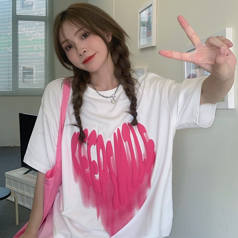 Real shot of Harajuku style short sleeve women's summer Korean fashion medium length foam printed student versatile top