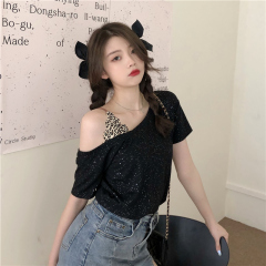 實拍夏韓版時尚燙金短款露肩超火短袖女學生百搭上衣潮