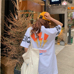 Real shooting college style spring women's clothing street Korean students short sleeve T-shirt women's pocket top women's European fashion