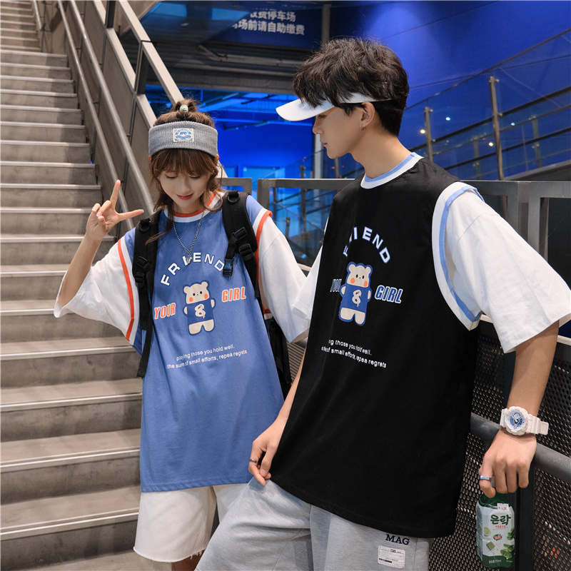 Real shot Harajuku style short sleeve men's and women's summer vacation