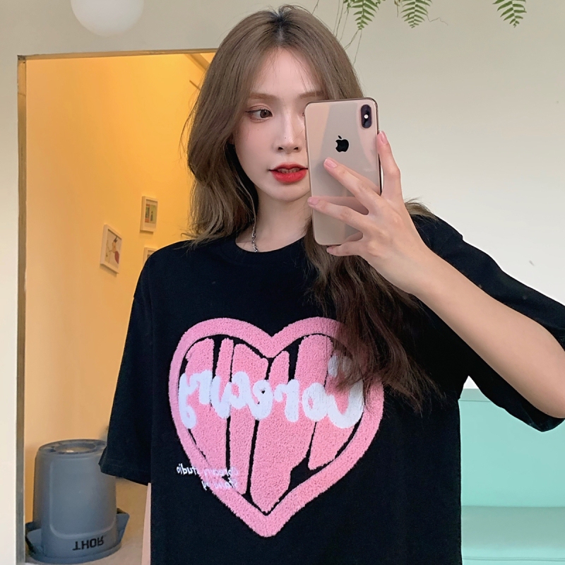 Real shot of Harajuku style short sleeve women's summer Korean fashion medium length towel embroidery student's versatile top fashion