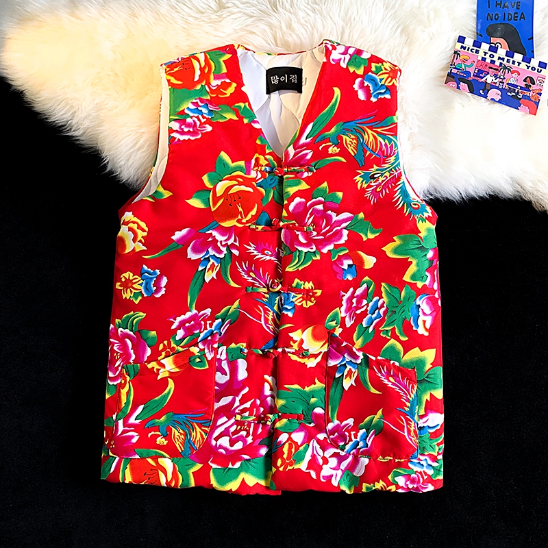 东北大花男棉马甲手工纯面