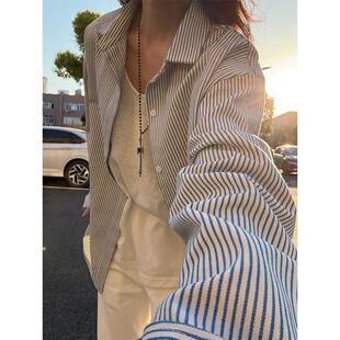 蓝白竖条纹衬衫男夏季美式复古潮牌长袖衬衣高级感学院风叠穿上衣