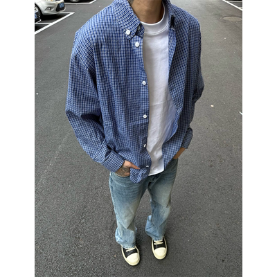 美式复古高级感蓝格子衬衫