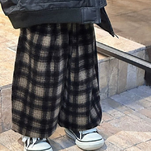 格子束脚长裤男女童加绒阔腿裤子