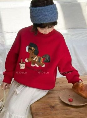 儿童红色喜庆加绒保暖卫衣秋冬款男女童卡通印花套头衫拜年服上衣