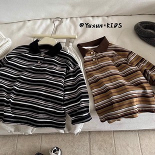 儿童韩系洋气时尚条纹Polo领长袖T恤衫秋季薄款男女童翻领上衣潮