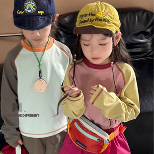 多色~秋季新款男女宝宝洋气时尚长袖T恤衫撞色拼接圆领内搭上衣潮