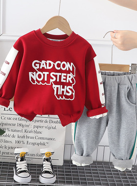 男童加绒卫衣秋冬新款0-6岁中小童红色新年服洋气时尚女宝套头衫