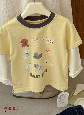 0-6岁男女宝宝可爱趣味百搭圆领长袖t恤春秋装儿童拼接假两件上衣