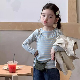 韩国宝宝童装春秋季新款女童洋气条纹T恤衫两件套中小童百搭上衣