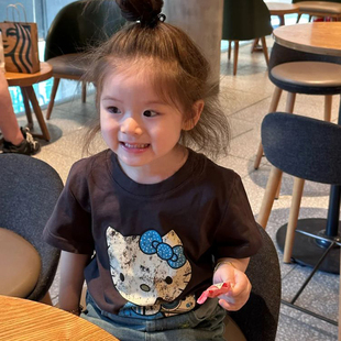 衫 儿童夏装 女童卡通猫咪印花半袖 t恤衫 可爱纯棉上衣 时髦百搭短袖