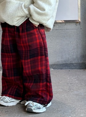 秋冬季0-6岁男童新年红色加绒长裤儿童复古格子时髦百搭阔腿裤子