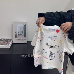 韩国童装2026新款儿童夏季卡通涂鸦短袖t恤衫男女童纯棉洋气上衣