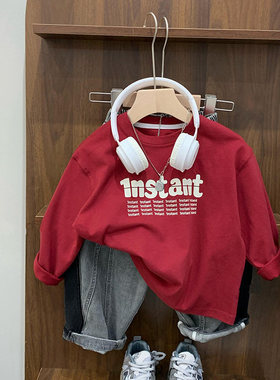 男女儿童秋装字母内搭长袖T恤洋气宝宝纯棉打底衫帅气红色上衣服