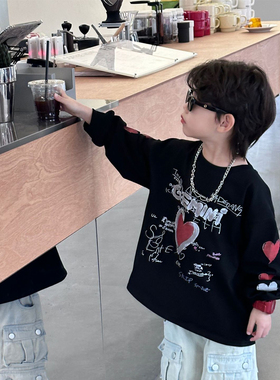 儿童韩范帅气百搭圆领长袖T恤春装0-6岁男童时髦字母涂鸦打底上衣