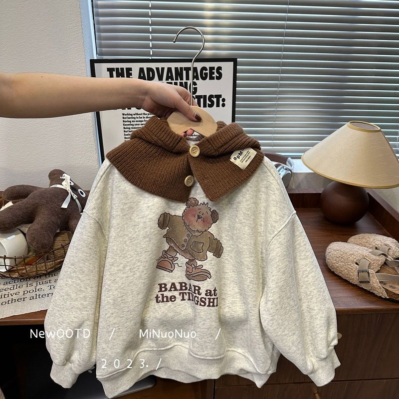 儿童卡通小熊冬装一体绒圆领卫衣
