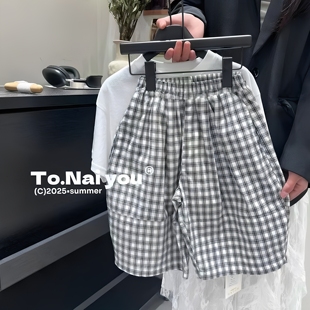 夏装新款中小童韩系时髦百搭格子裤男女童宽松薄款拼接阔腿七分裤
