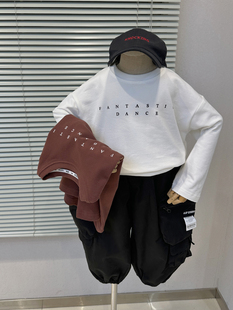 2026春装新款男女童洋气时髦字母印花圆领长袖T恤纯棉打底衫上衣