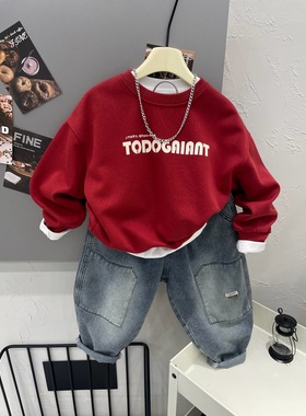 宝宝洋气字母印花圆领卫衣2026春季过年红色喜庆男童卡通休闲上衣